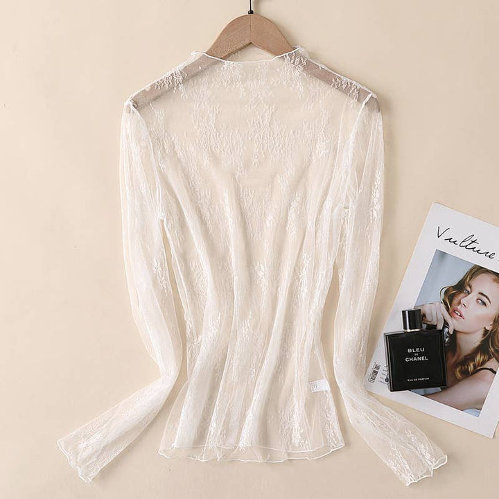 Semi Sheer Mesh Floral Lace Layering See Through Top: Caramel / XL