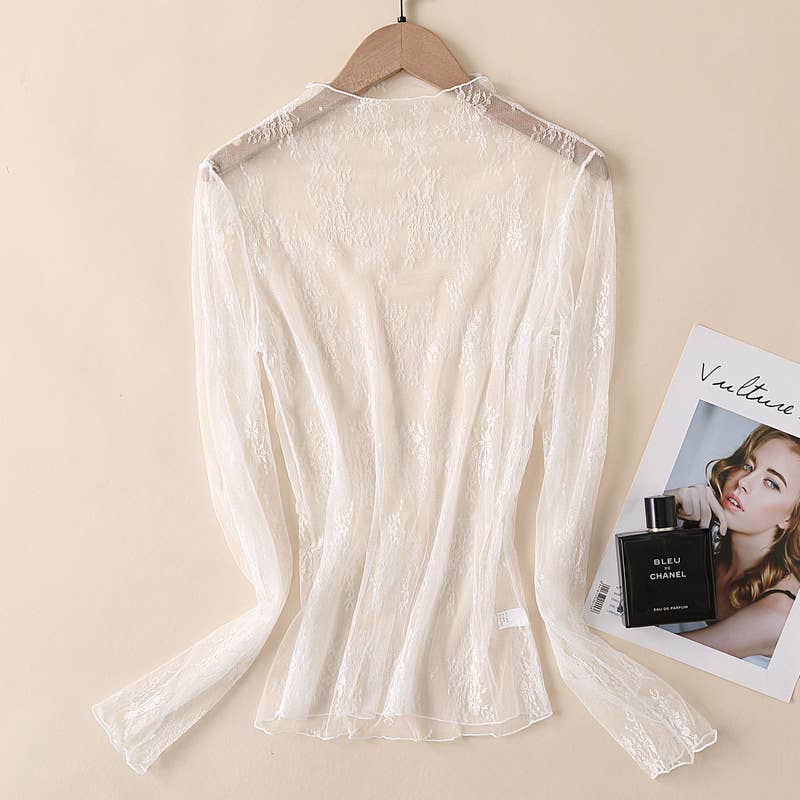Semi Sheer Mesh Floral Lace Layering See Through Top: Beige / L