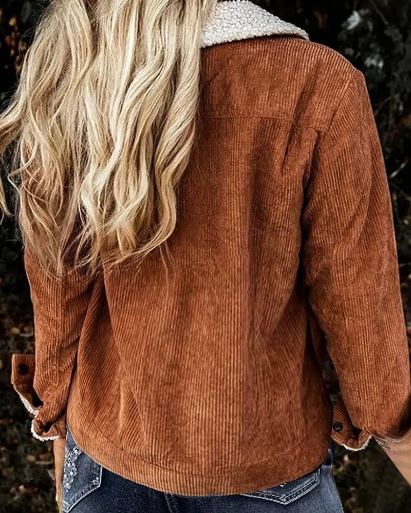 Vintage Corduroy Sherpa Lined Button Front Jacket: Curry