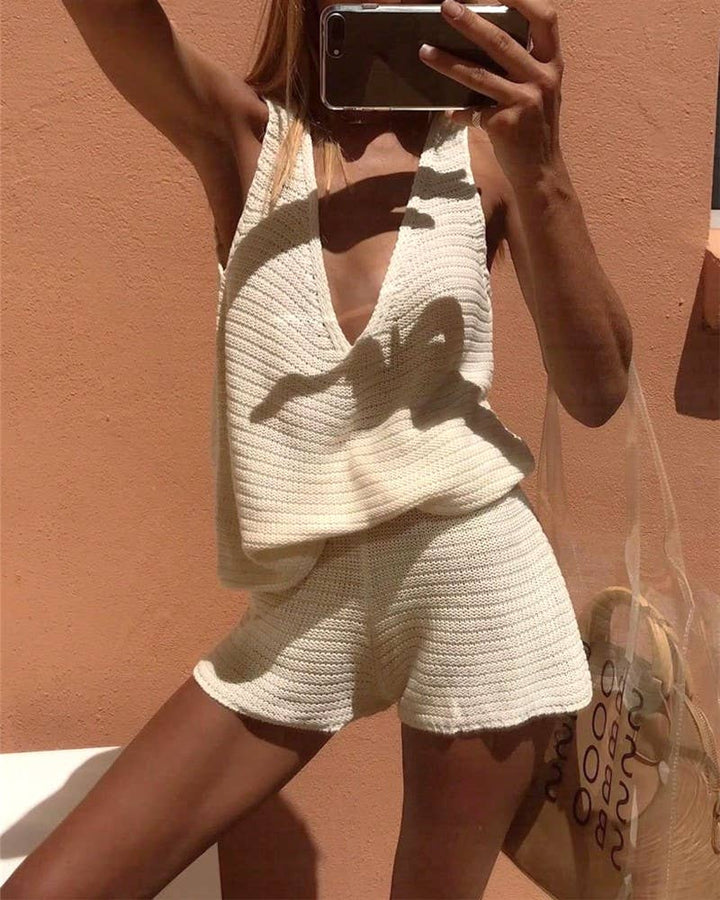 Deep V-Neck Vest Shorts Two-Piece Sweater Set: Black