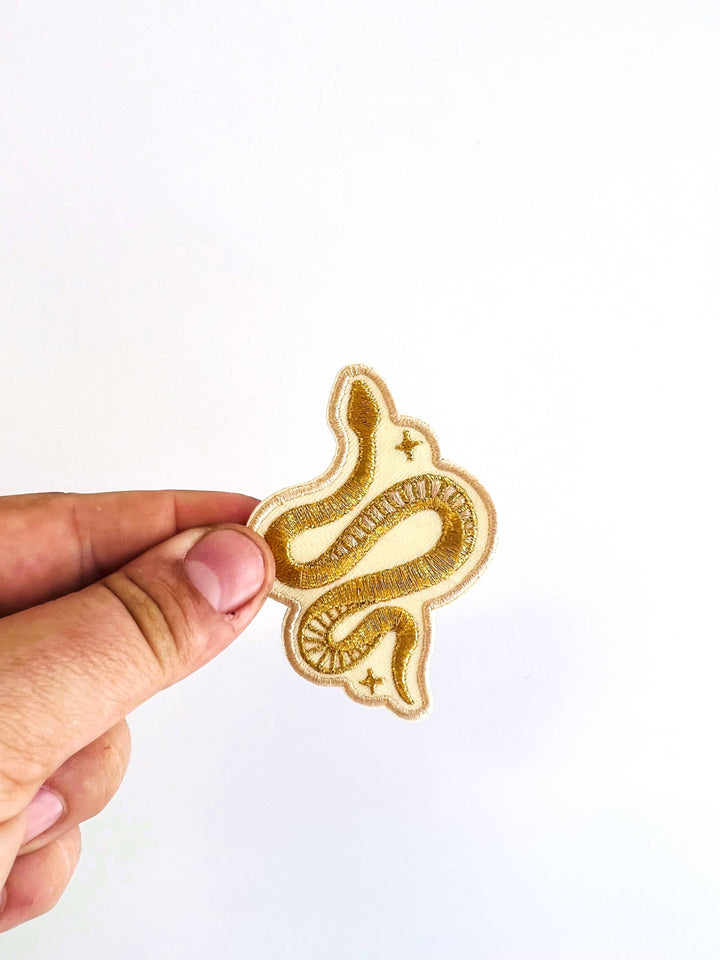 Metallic Gold Snake Embroidered Iron-on Patch, Trendy, Cute