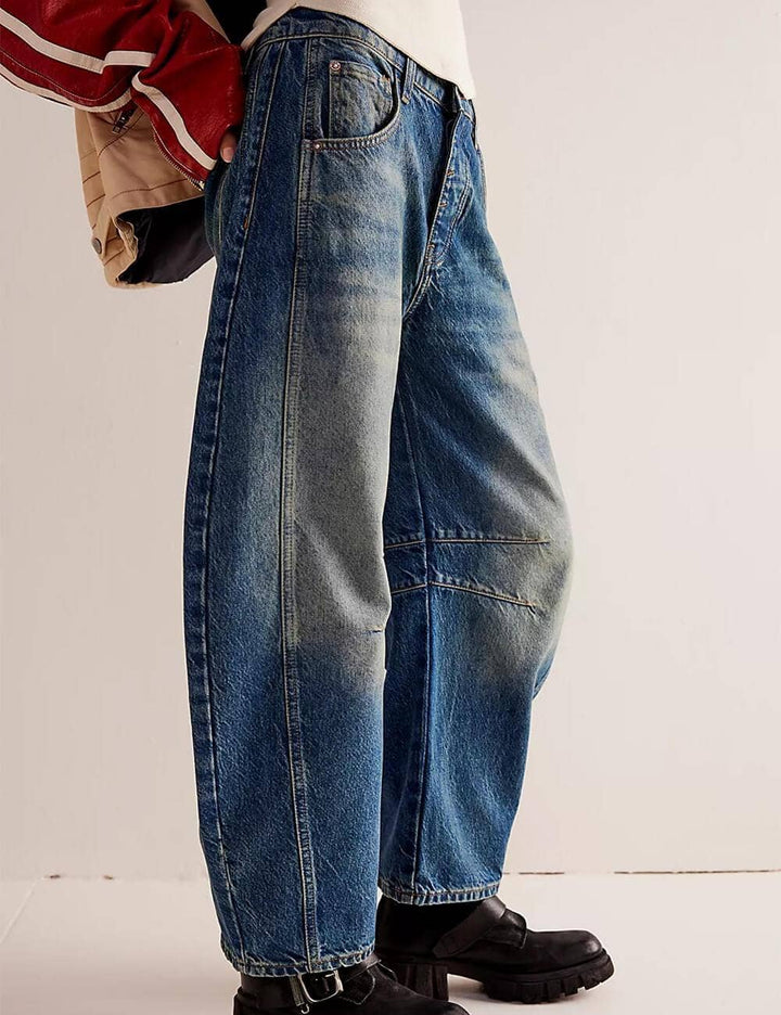 Ladies Mid Rise Wide Leg Barrel Jeans SKP522: Denim Blue / XS