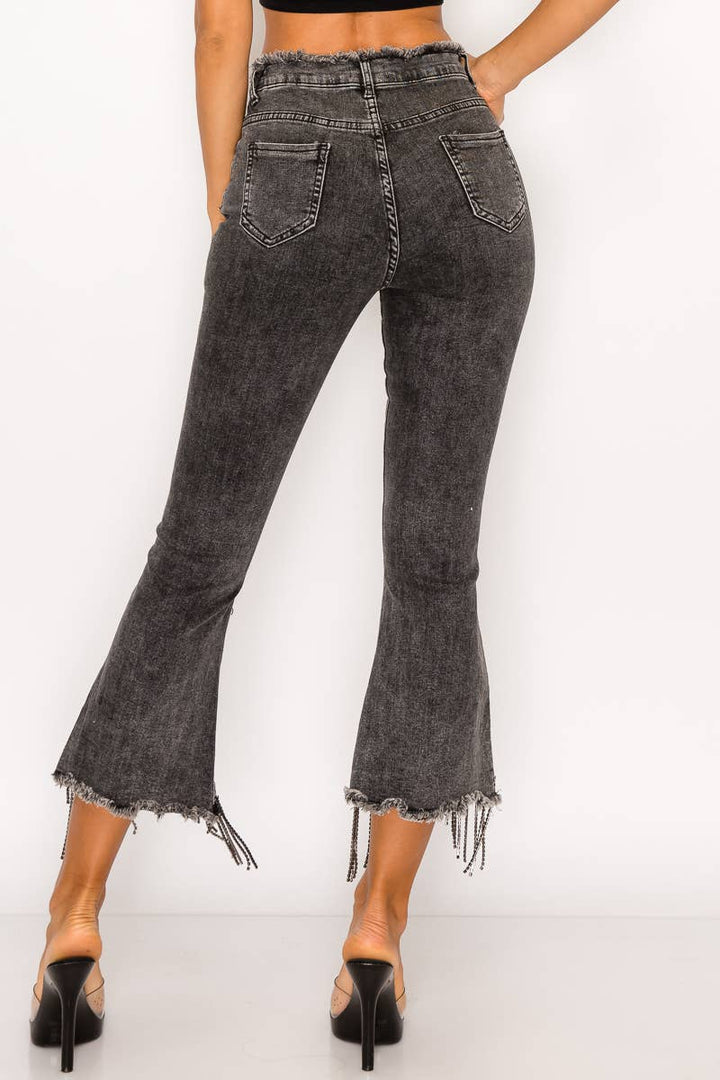 1365P - RHINESTONE FRINGE DENIM PANTS: BLACK / LARGE