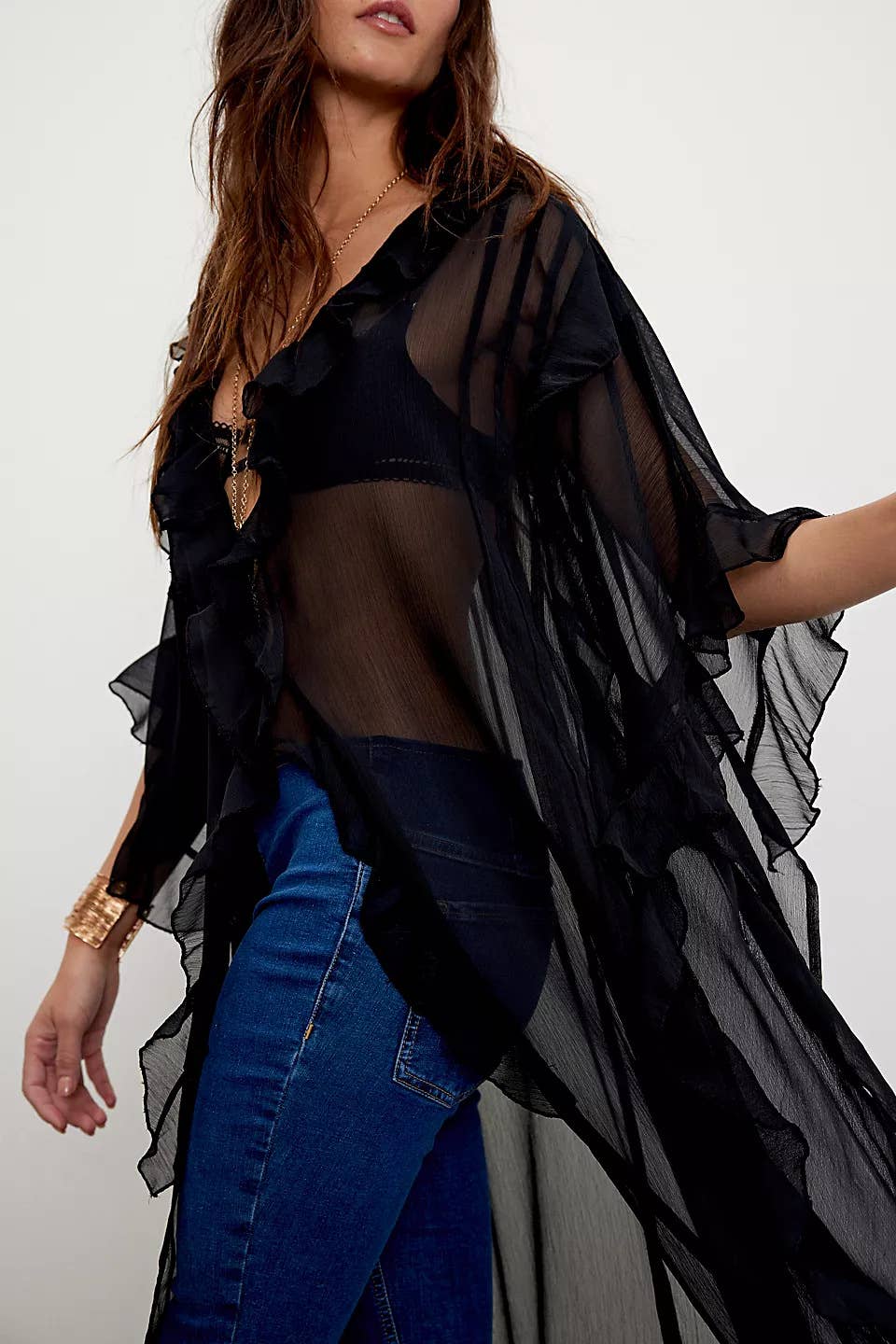 Boho lightweight sheer ruffle maxi top duster kimono jacket: OffWhite / M