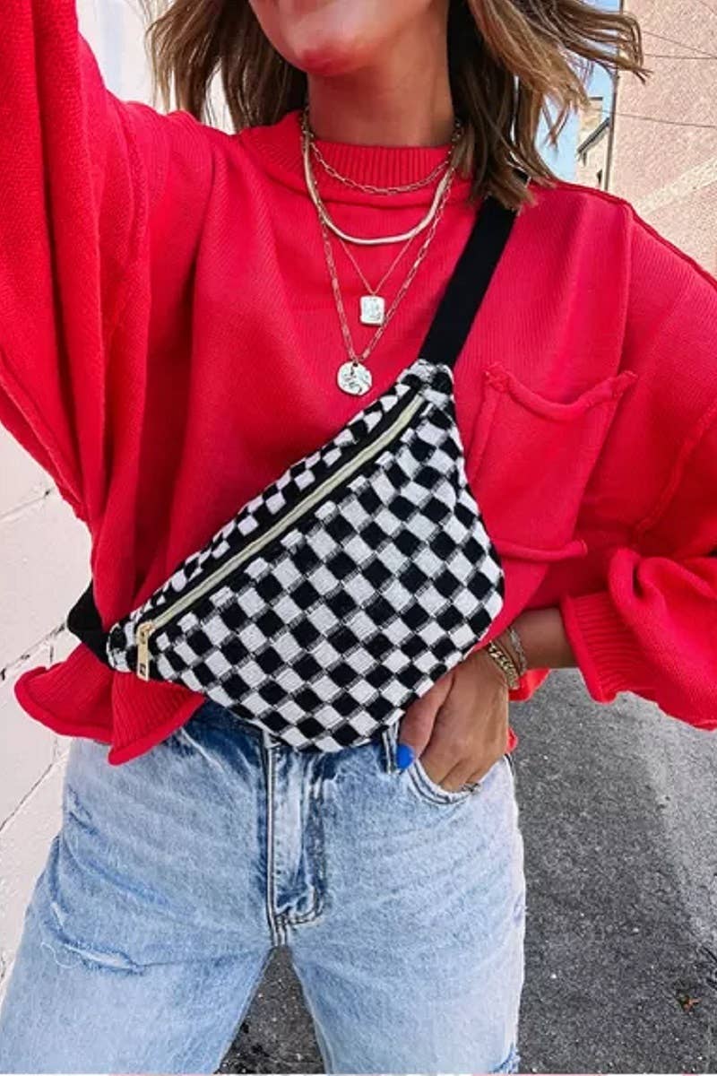 Checkered Waist Crossbody Sling Bag: MOCHA