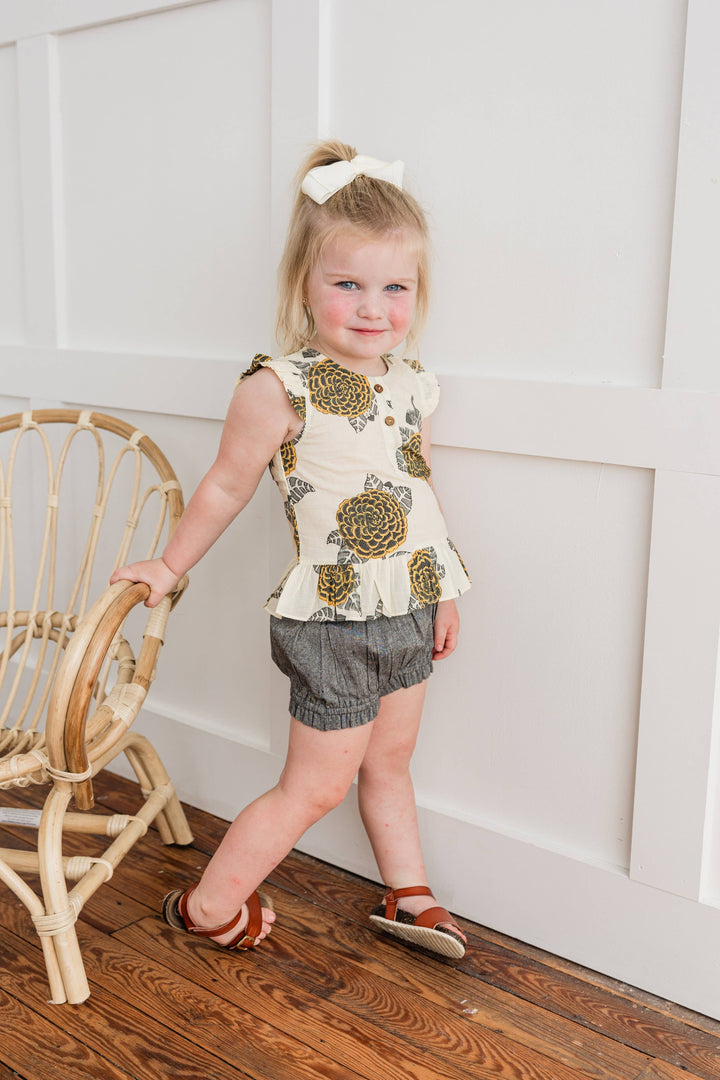 Mustard & Grey Floral Print Sleeve Ruffled Top & Black Chambray Kids Shorts Set