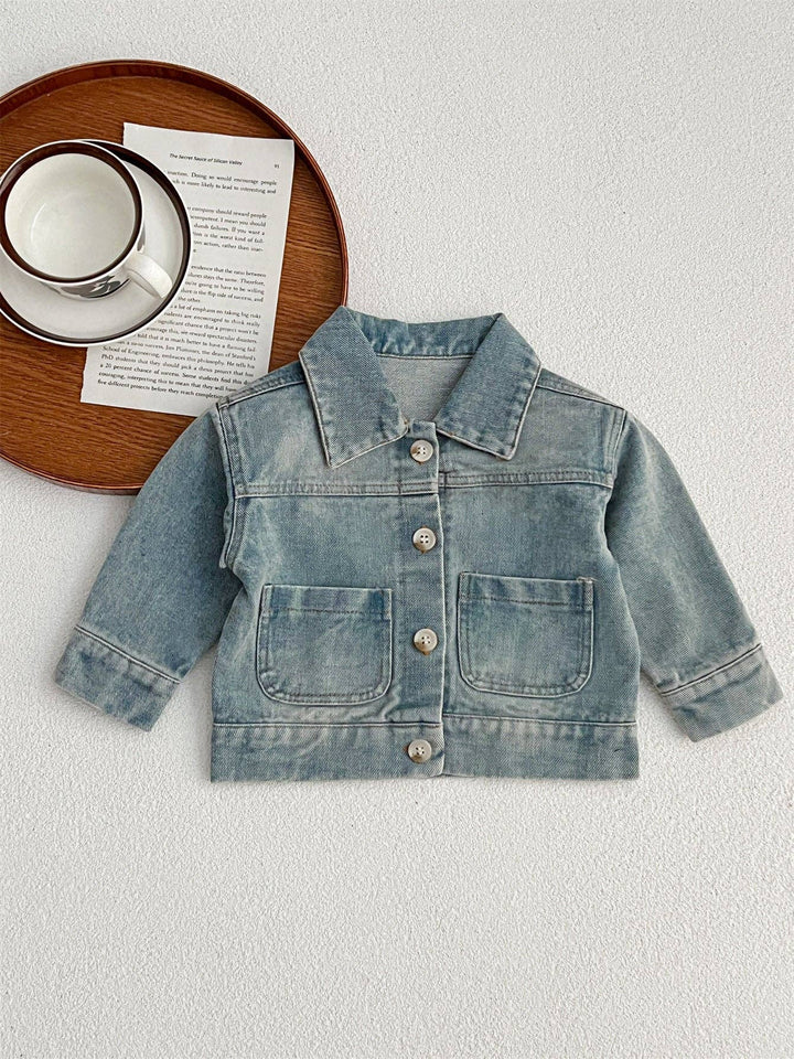 Baby Kids Button Front Design Washed Style Turndown Collar Denim Jacket Coat: Black / 110 (3-5Y)