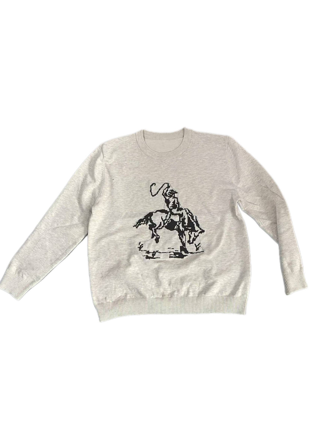 Western Horse Cowboy Rodeo Knit Sweater crewneck pullover: Beige / M