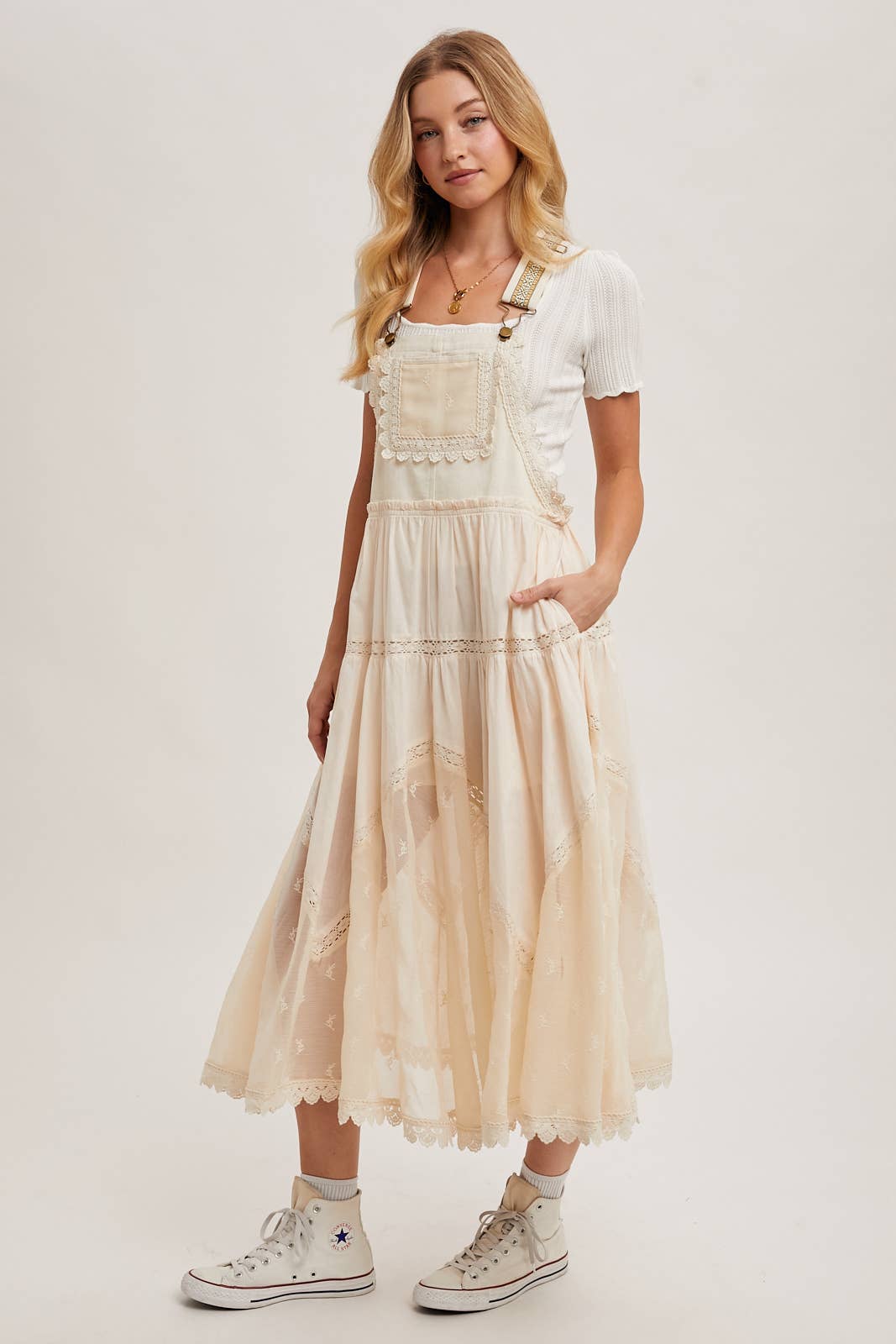 LACE EMBROIDERED TULLE BIB MAXI DRESS: ASH / M