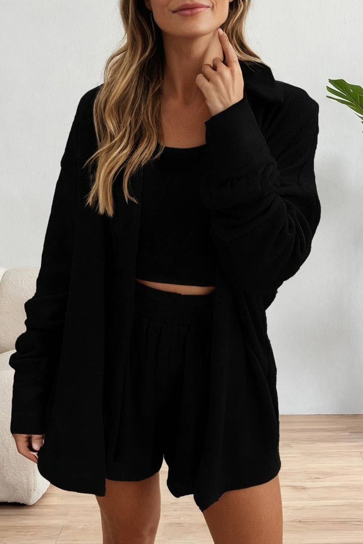 3 Pcs Crop Tank Top Shorts with Cardigan Lounge Set: Gray / Missy