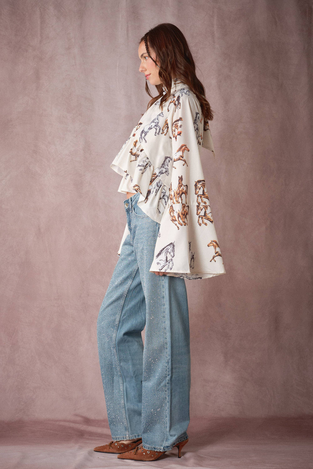 High Neck Horse Print Ruffle Blouse