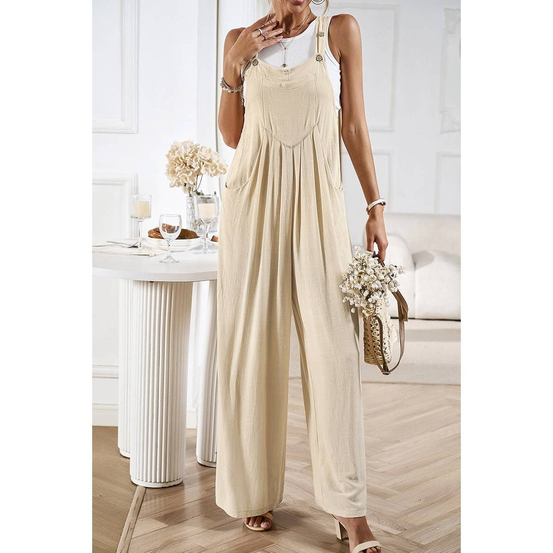 Button Detail Wide Leg Overall Pockets Jumpsuit: BEIGE / M
