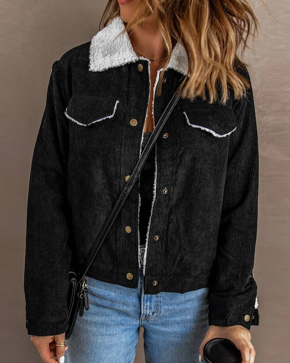 Vintage Corduroy Sherpa Lined Button Front Jacket: Curry
