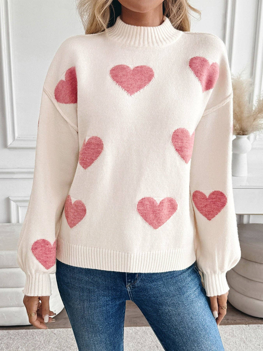 Valentine's Day Sweater | Pink Heart Knit Pullover: Light Pink. / 52% Acrylic 28%polyamide 20%POLYESTER / S