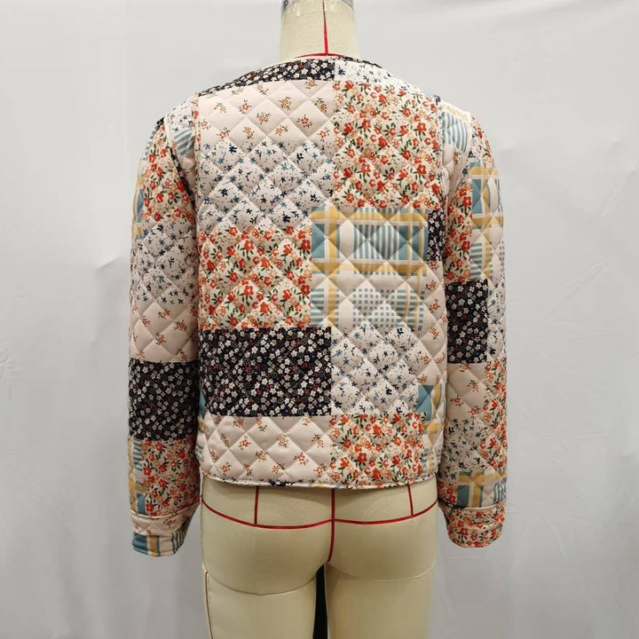 Floral Color Blocks Print Quilted Jacket: Apricot / L