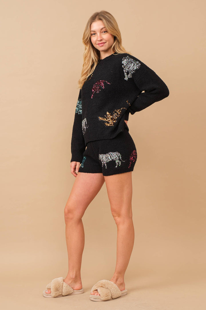 34242SET-Cozy Multi Tiger Sequin op with Matching Shorts: HOT PINK / M