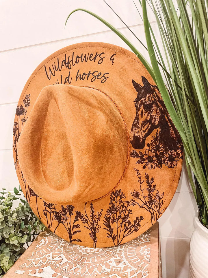 Engraved Wildflowers & Wild Horses Hat: Ivory