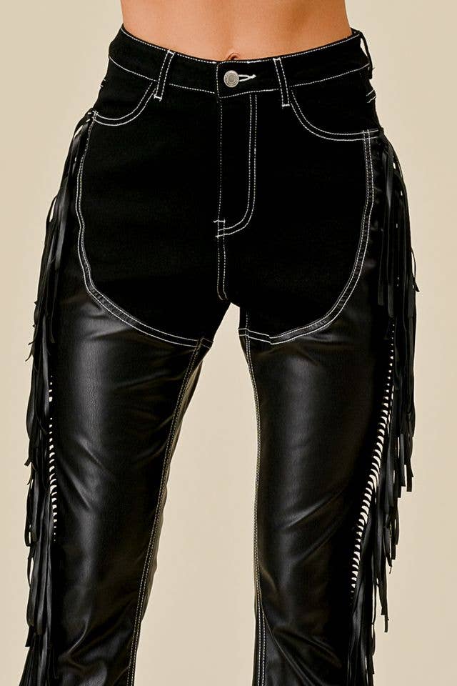 SIP6363A BLACK DENIM CHAPS FRINGED PANTS: S