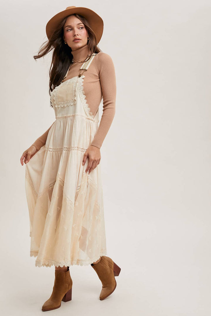 LACE EMBROIDERED TULLE BIB MAXI DRESS: ASH / S