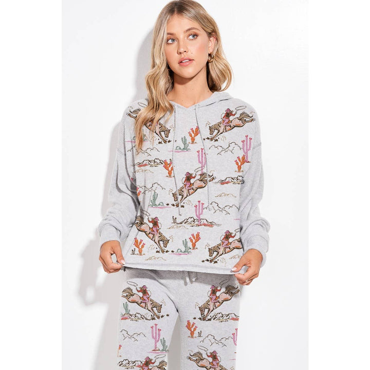 Desert Cowgirl Print Rib Hoodie Loungewear Set : Taupe / L