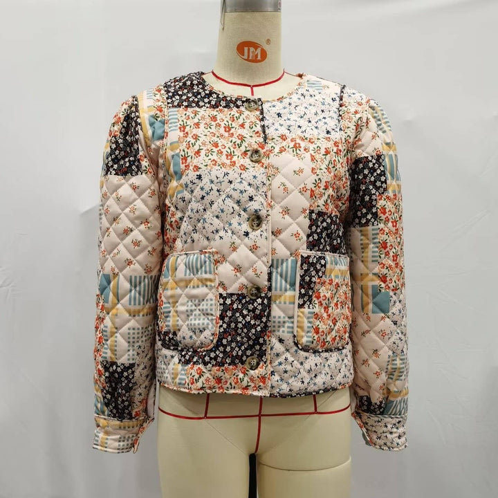 Floral Color Blocks Print Quilted Jacket: Apricot / M