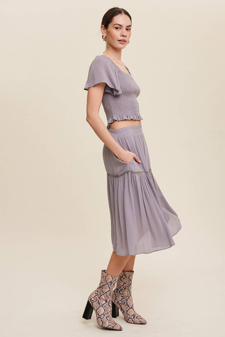 Smocked Crop Top & Tiered Midi Skirt Set: Gray