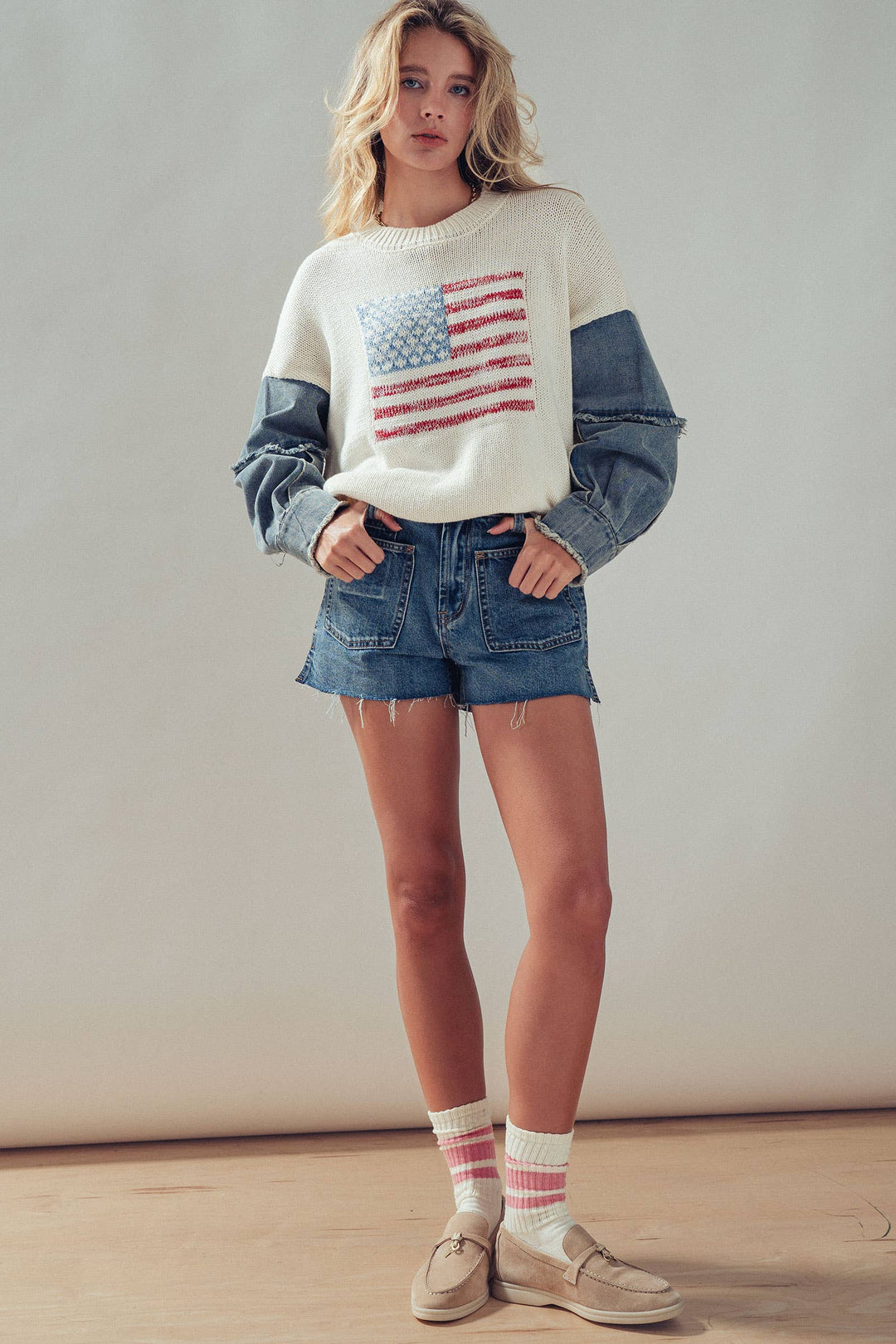 American Flag Mixed Media Denim Sleeve Sweater: IVORY / S-M-L:2-2-2