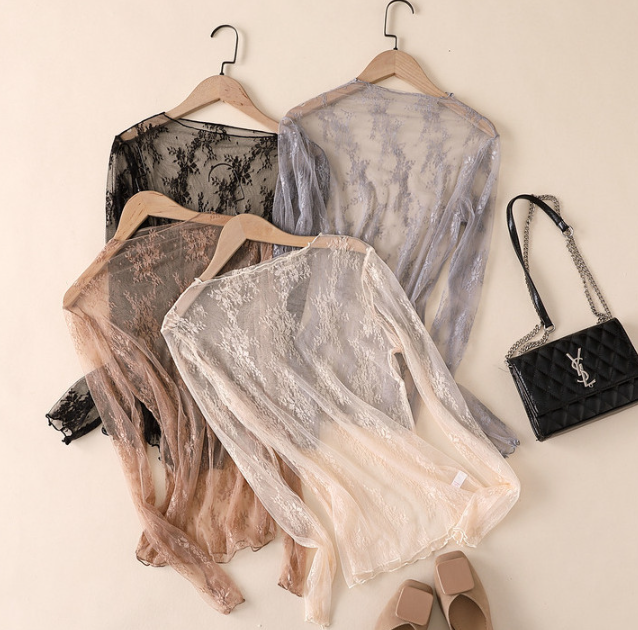 Semi Sheer Mesh Floral Lace Layering See Through Top: Nude / M