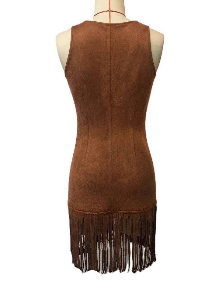 Western Vintage Brown Tassel Sleeveless Mini Dress: Brown / L