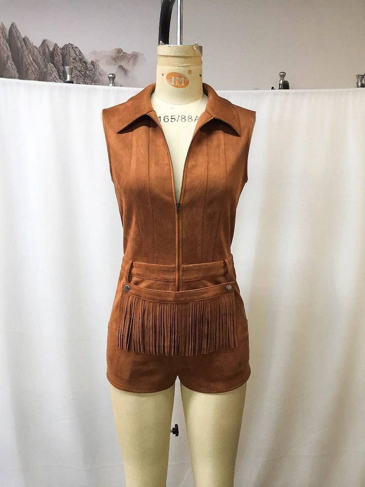 Wild Western cowgirl suede tassel sleeveless romper: Brown / L