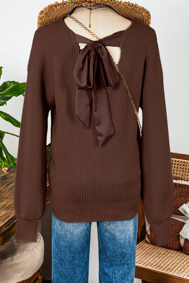 Valentine Lantern Sleeve V Neck Knot Back Sweater: Red / Missy / M