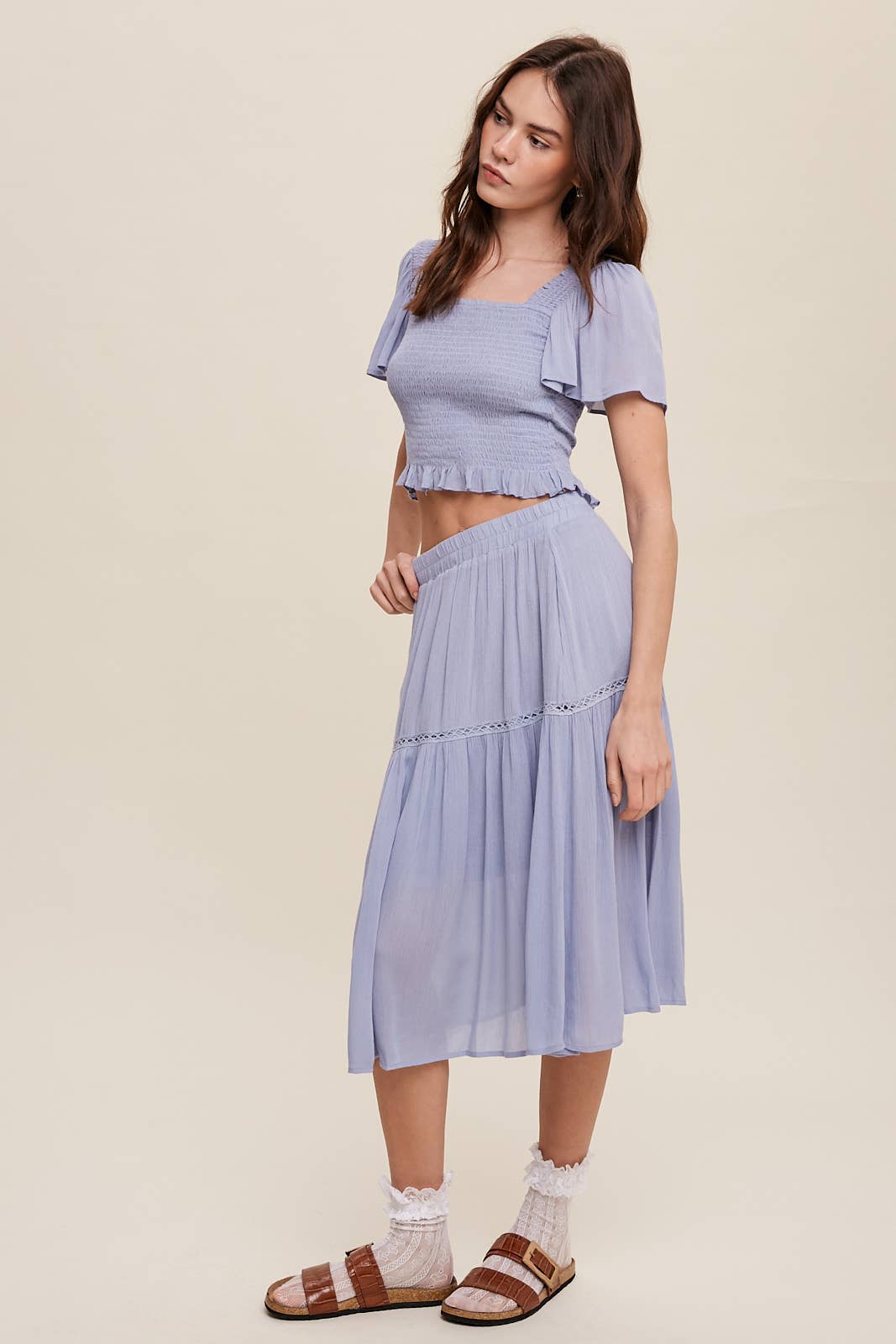 Smocked Crop Top & Tiered Midi Skirt Set: Gray