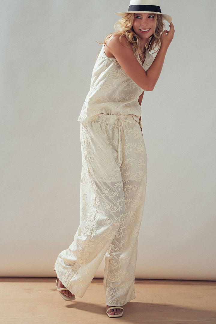 Floral Embroidered Cotton Top And Pant Set: IVORY