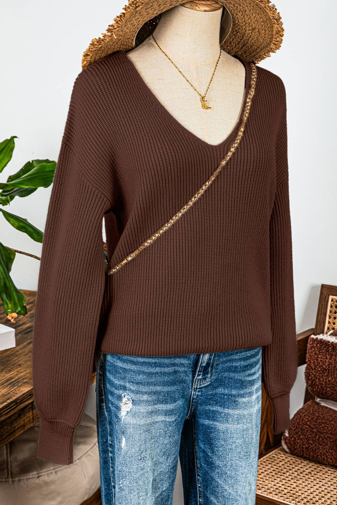 Valentine Lantern Sleeve V Neck Knot Back Sweater: Red / Missy / M