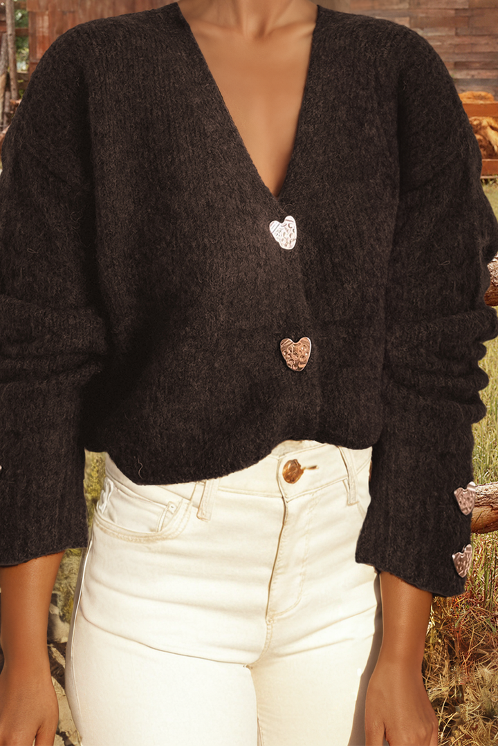 Valentine Heart Metal Button V Neck Cardigan Sweater: Chicory Coffee