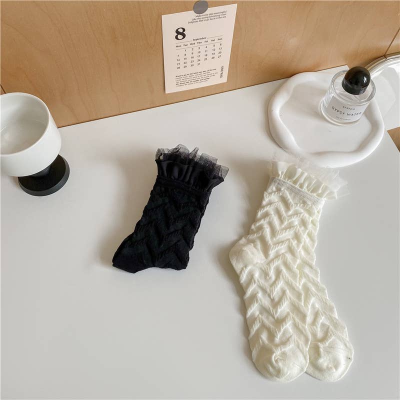 Women's cute lolita style lace socks lace mid-tube socks: White-A