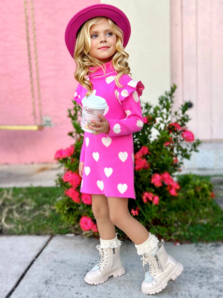 Warms My Heart Hot Pink Turtleneck Sweater Dress: Hot Pink / 4T/5Y