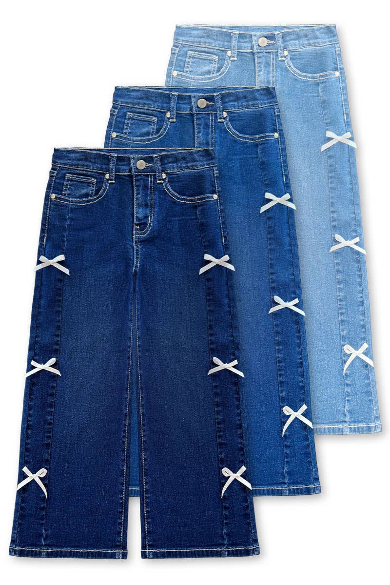 Girl's Wide Leg Denim Jean w/ Bows: Dark Denim / 8