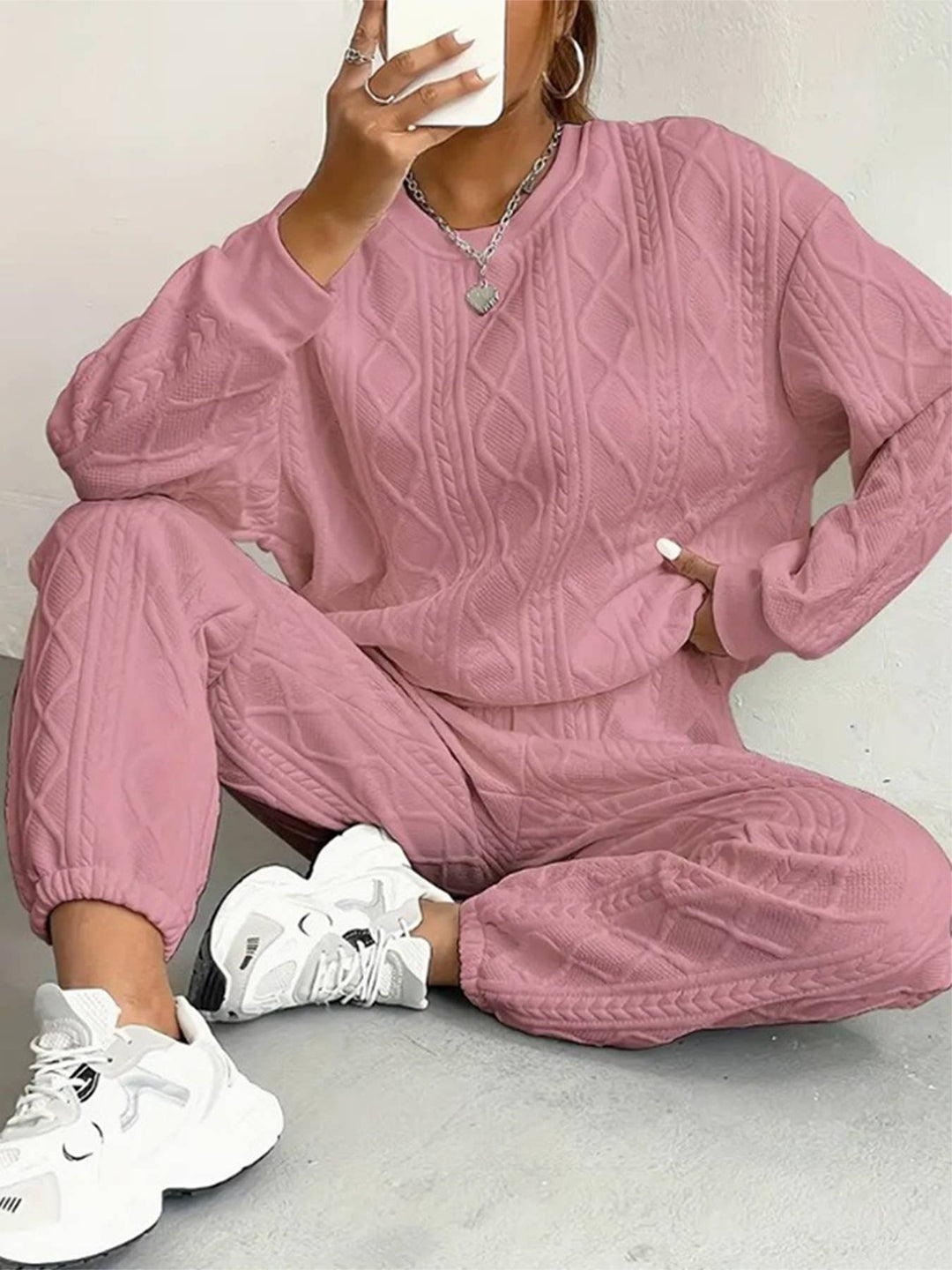 Cozy Cable Knit Lounge Set Women Soft Warm Two Piece Outfit
