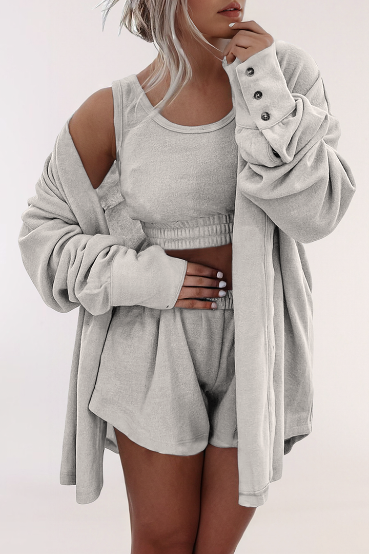 3 Pcs Crop Tank Top Shorts with Cardigan Lounge Set: Gray / Missy