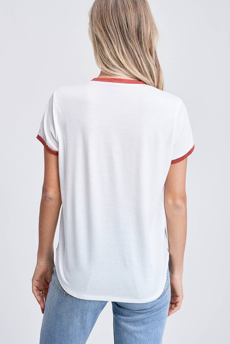 T701G9019 - Casual Stripe Rodeo Ringer Women's Tee: Ivory/Rust / M