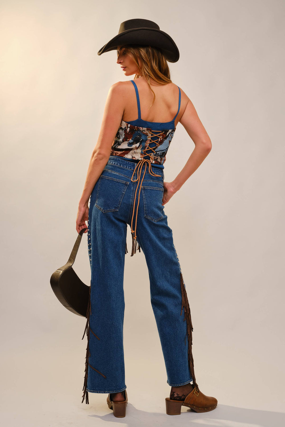 33158T - Horse Jacquard Lace-Up Corset Top: TAUPE MULTI / S-M-L (2-2-2)