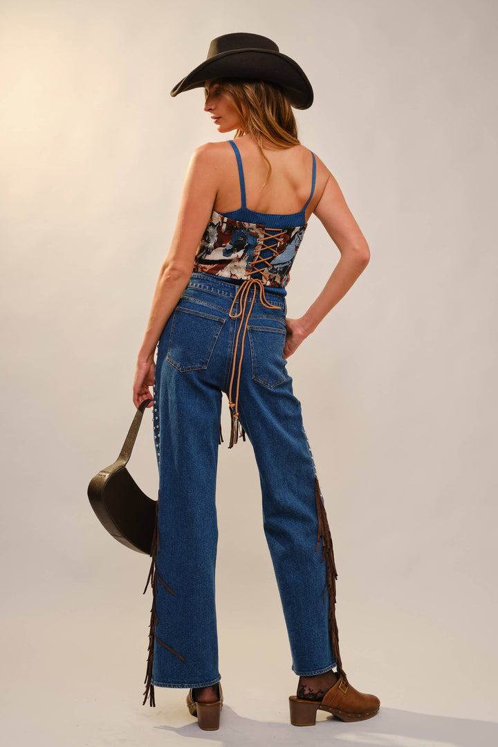 33158T - Horse Jacquard Lace-Up Corset Top: TAUPE MULTI / S-M-L (2-2-2)