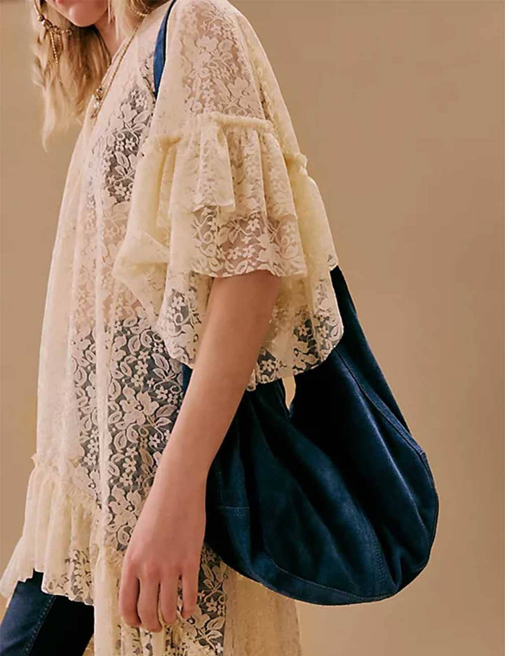 Ladies Floral Lace See Through Irregular Mid Sleeves Blouse