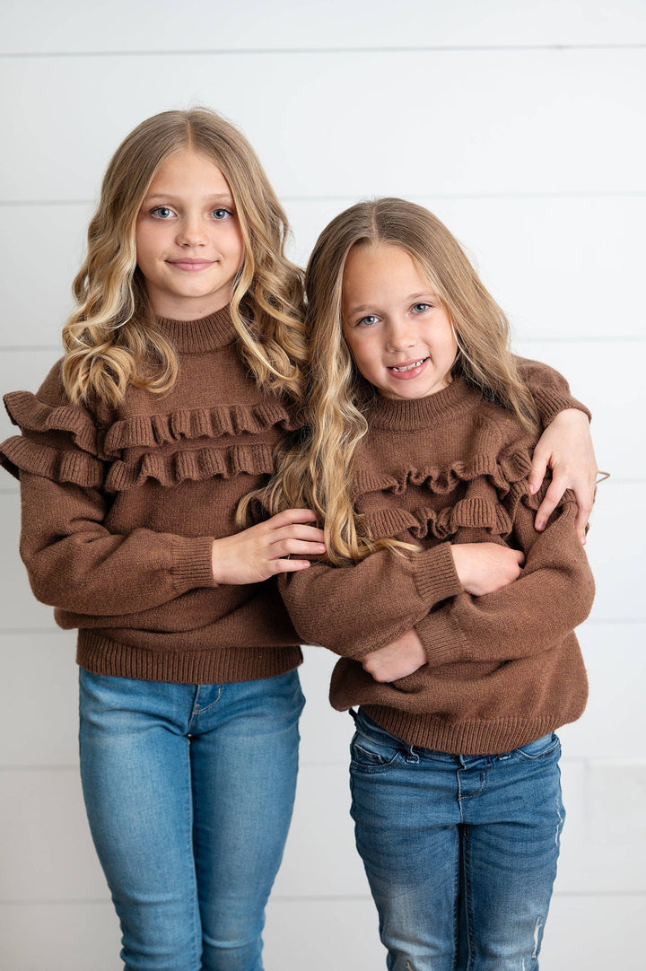 Kids Chocolate Double Ruffle Crew Neck Fall Winter Sweater: 3/4