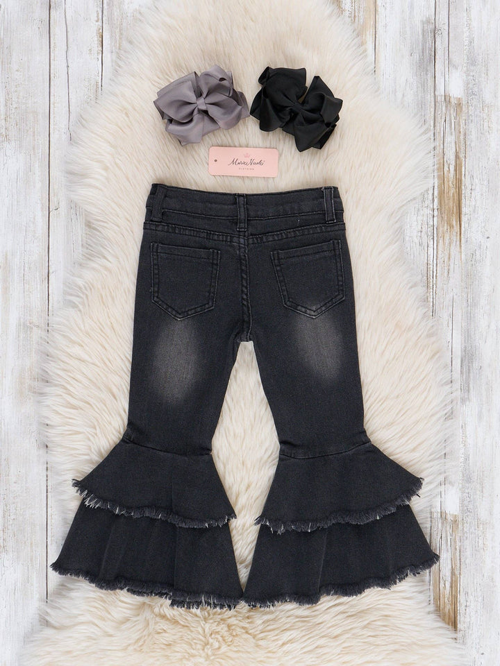 Black Tiered Denim Bell Bottoms: XXL(6yrs)