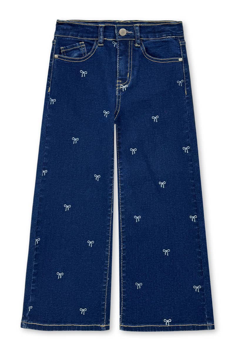 GDP-M26-89469A Girl's Wide Leg Bow Print Denim Jean: Medium Denim