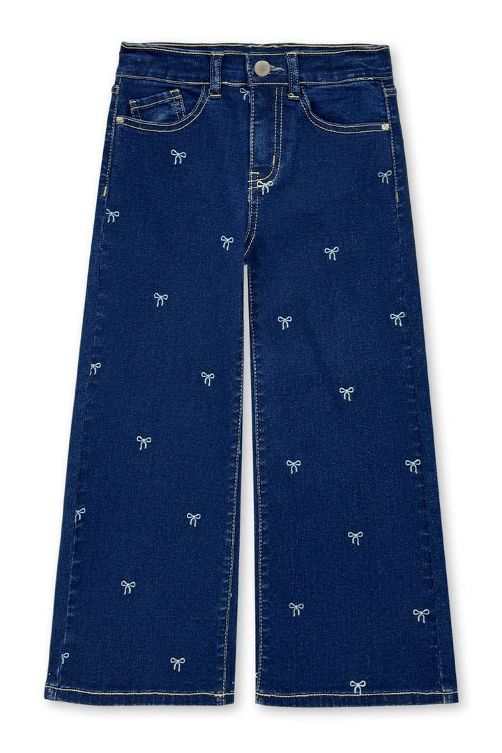 GDP-M26-89469A Girl's Wide Leg Bow Print Denim Jean: Medium Denim