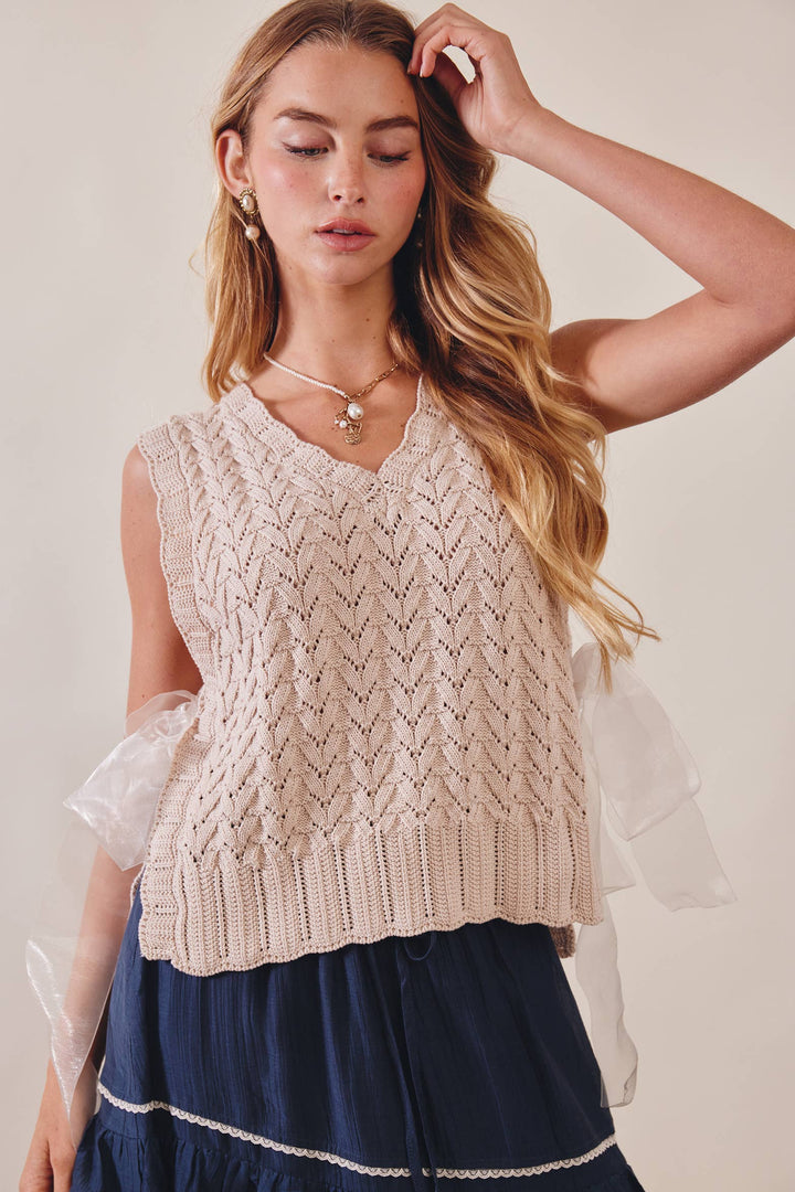 Pointelle Knit Ribbon-Tie Vest Top
