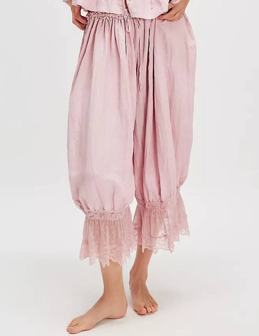 Ladies Elastic Waist Lace String Tie Lantern Pants: Coffee / M